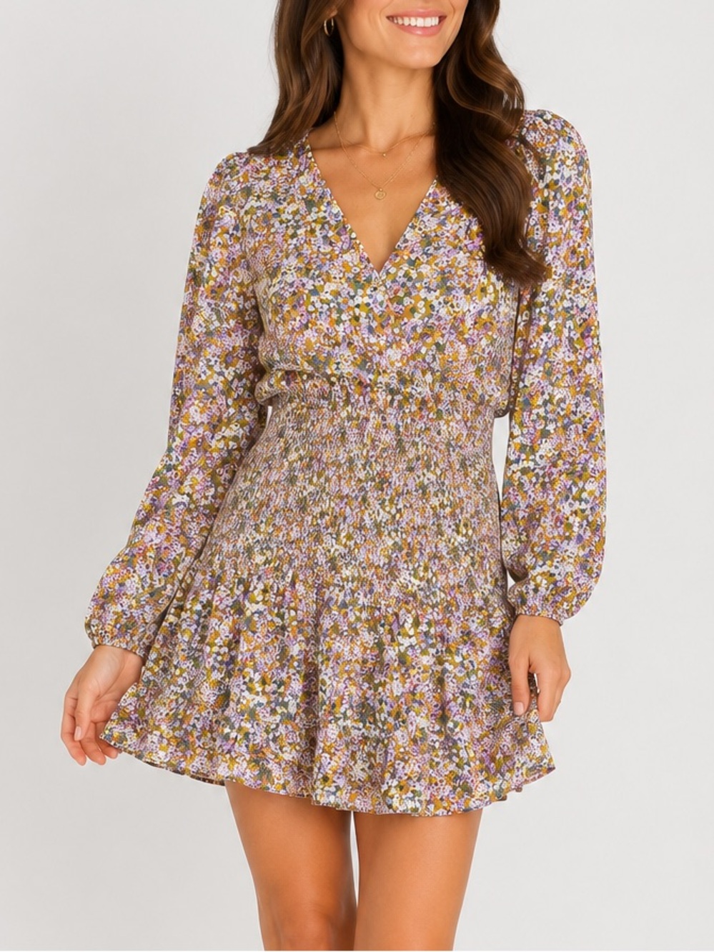 Storia Floral Smocked Waist Long Sleeve Mini Dress Size M Cottagecore Boho